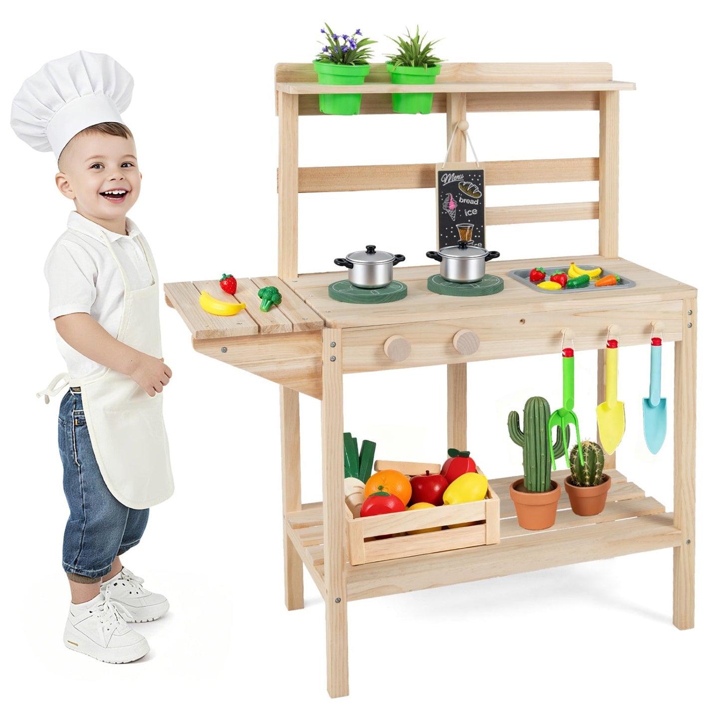 Kids Play Kitchen Set Wooden Kitchen Playset with Stoves for Boys Girls 3+