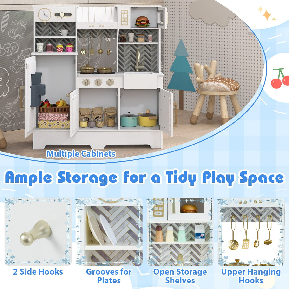Kids Play Kitchen with Stoves and Faucet for Girls Boys Aged 3-6
