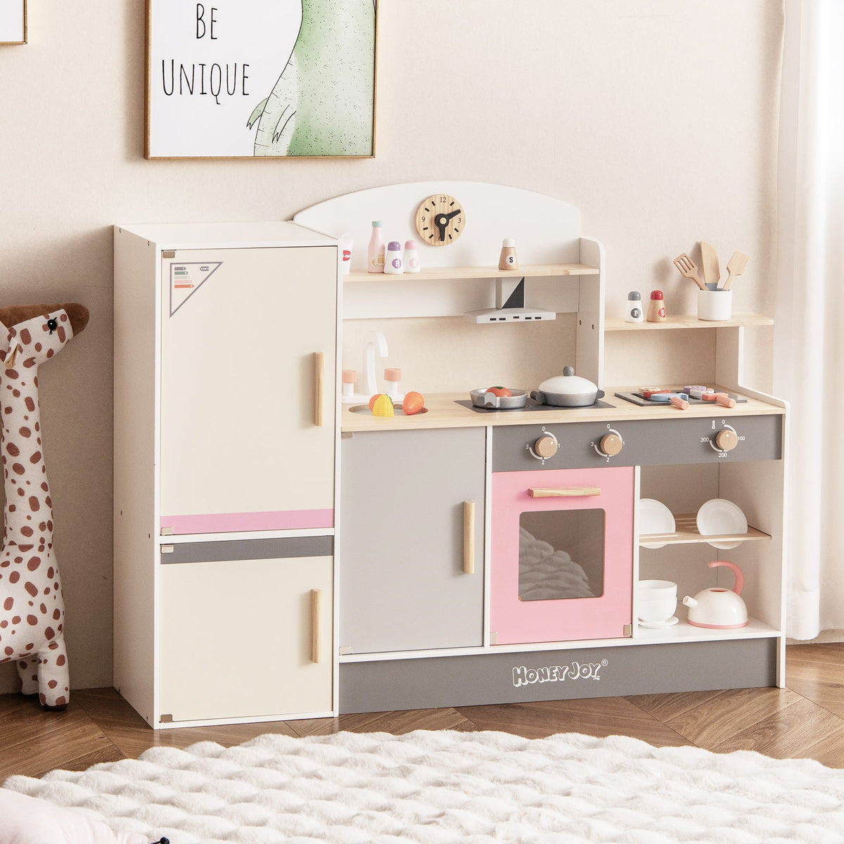 Kids Play Kitchen Set with Realistic Range Hood and Refrigerator
