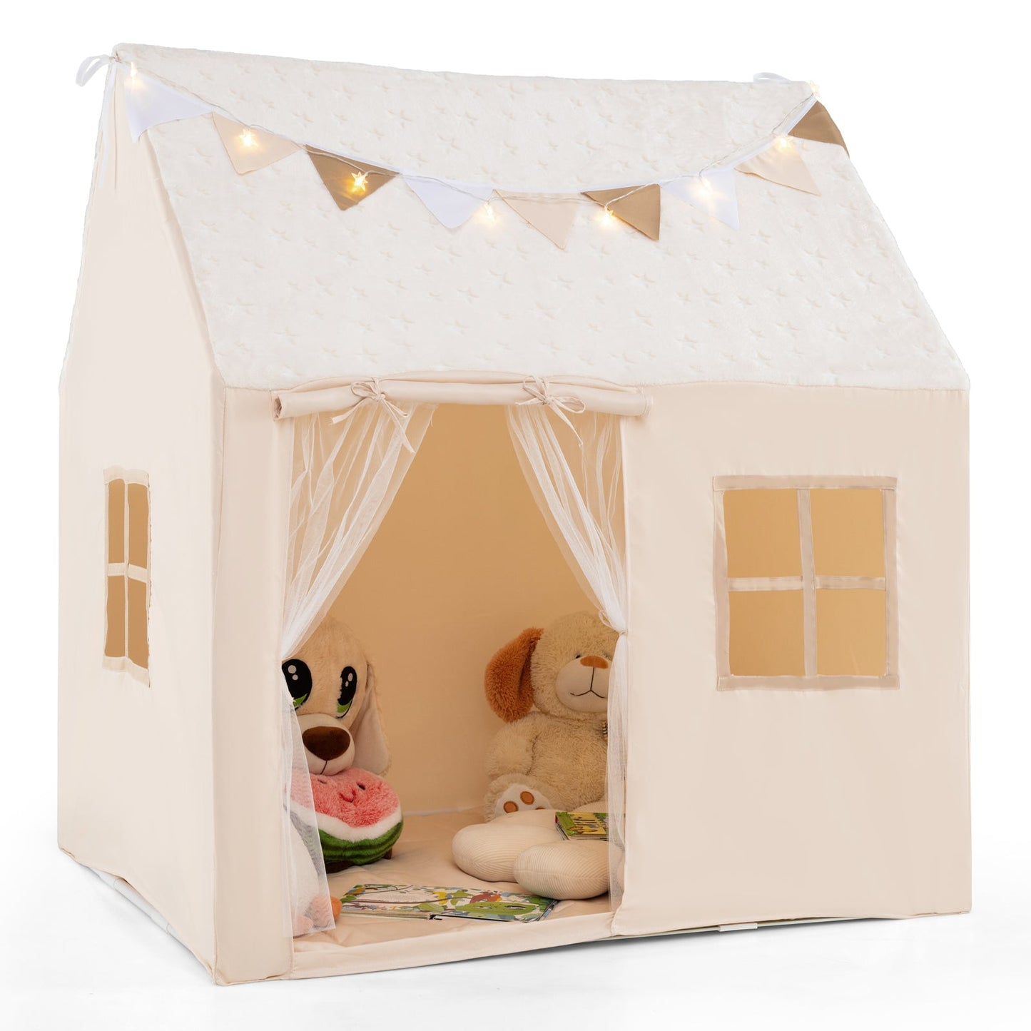 Kids Play Tent Large Playhouse with Glow in the Dark Stars and Mat-Beige