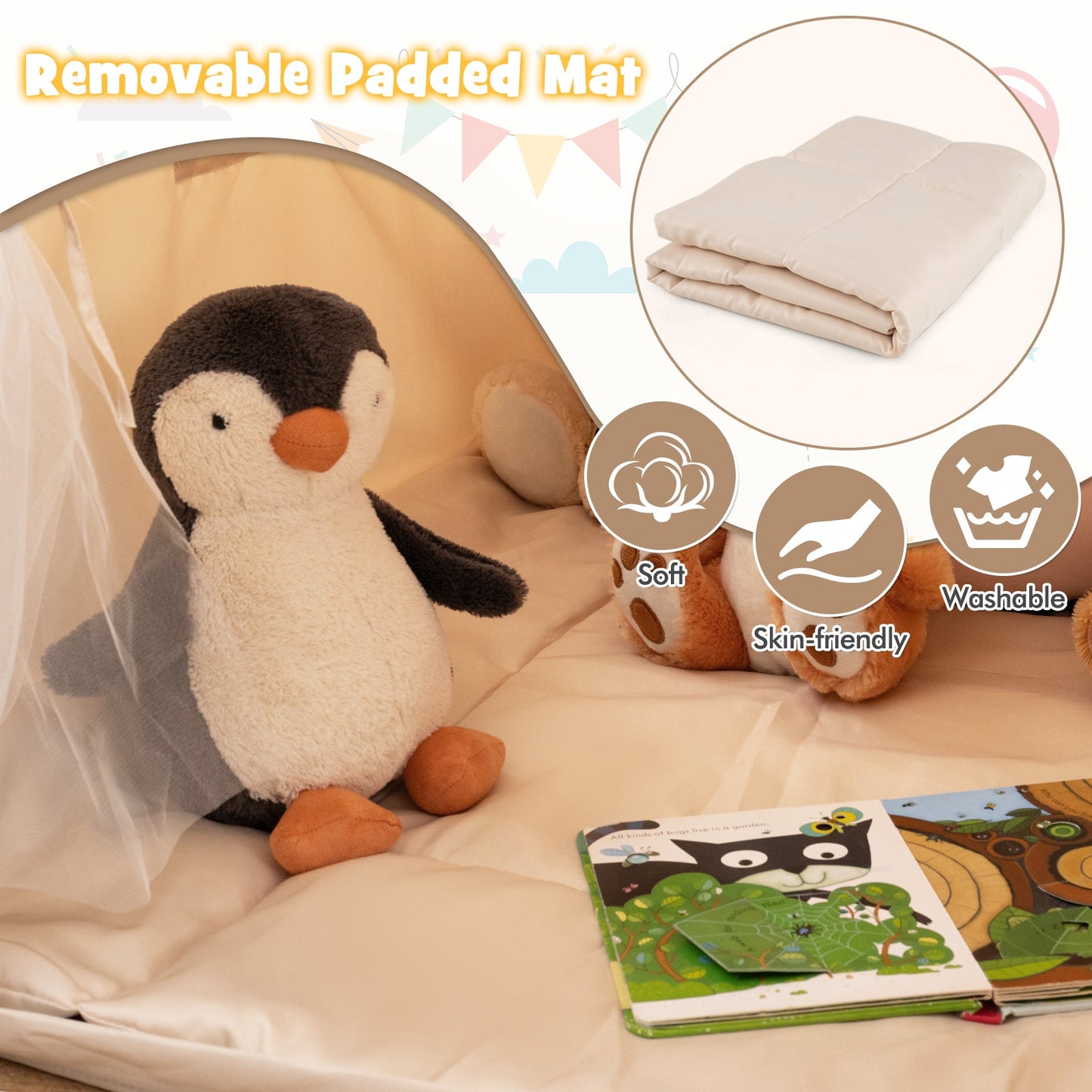Kids Play Tent Large Playhouse with Glow in the Dark Stars and Mat-Beige