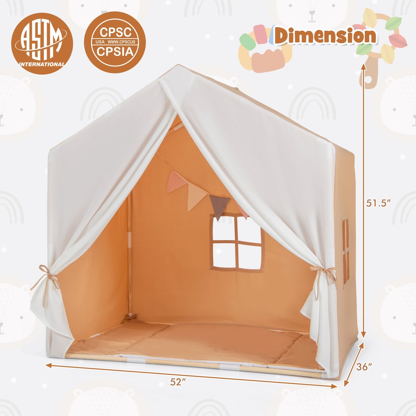Kid's Play Tent with Washable Cotton Mat and Flag Banner-Orange