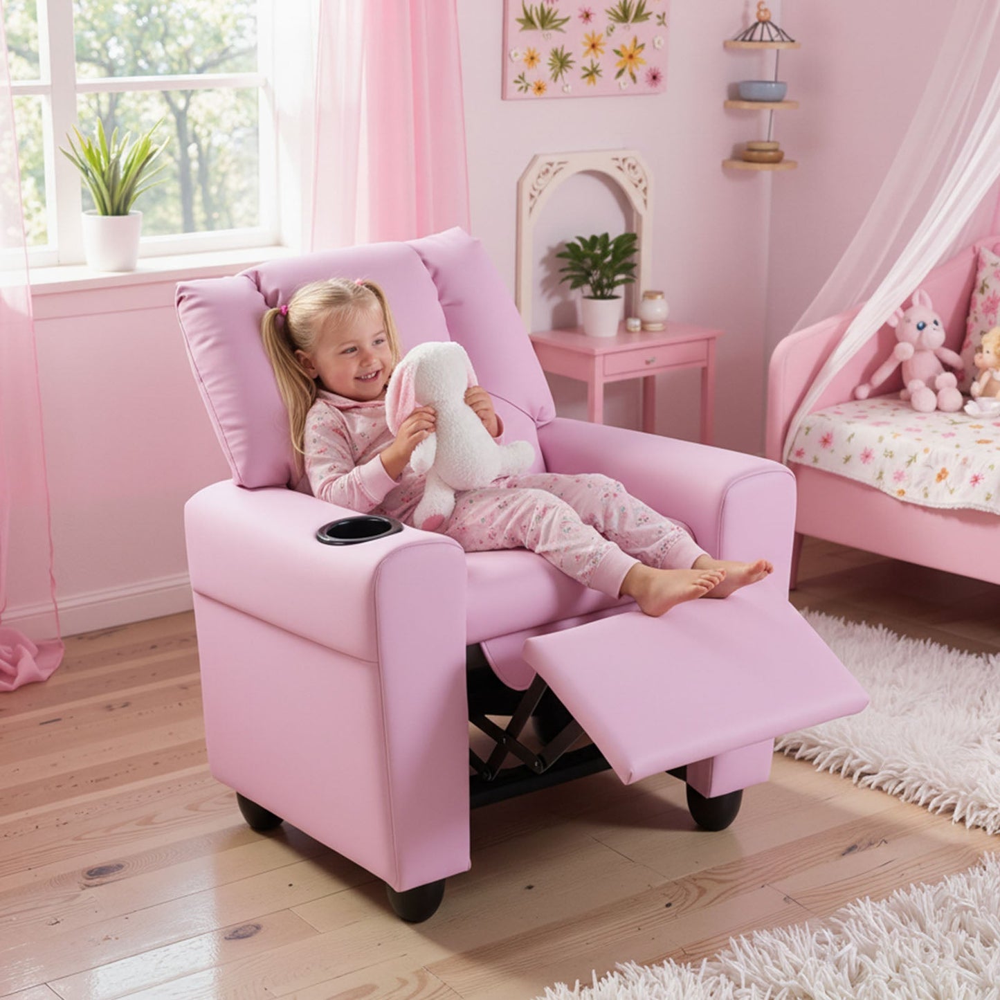 Kids Recliner Chair Push Back Toddler Reclining Armchair with Cup Holder