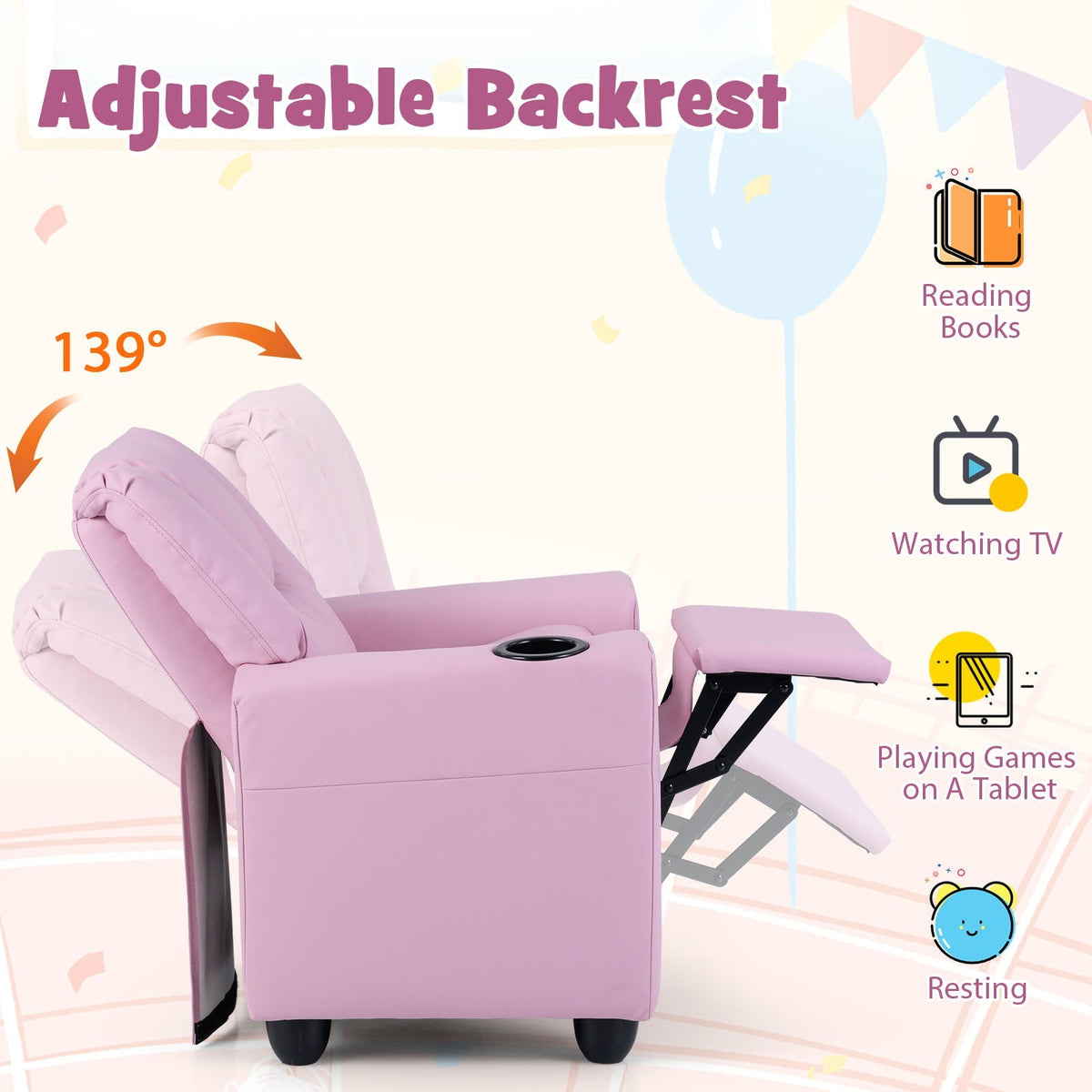 Kids Recliner Chair Push Back Toddler Reclining Armchair with Cup Holder