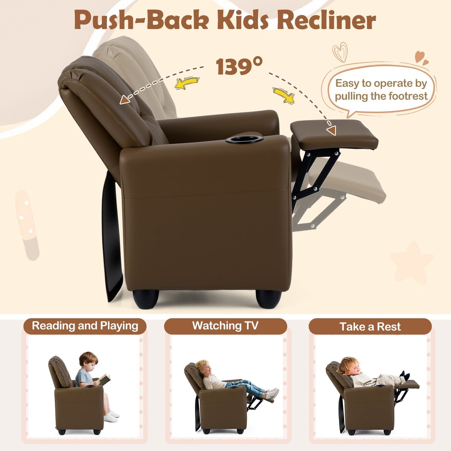 Kids Recliner Chair Push Back Toddler Reclining Armchair with Cup Holder
