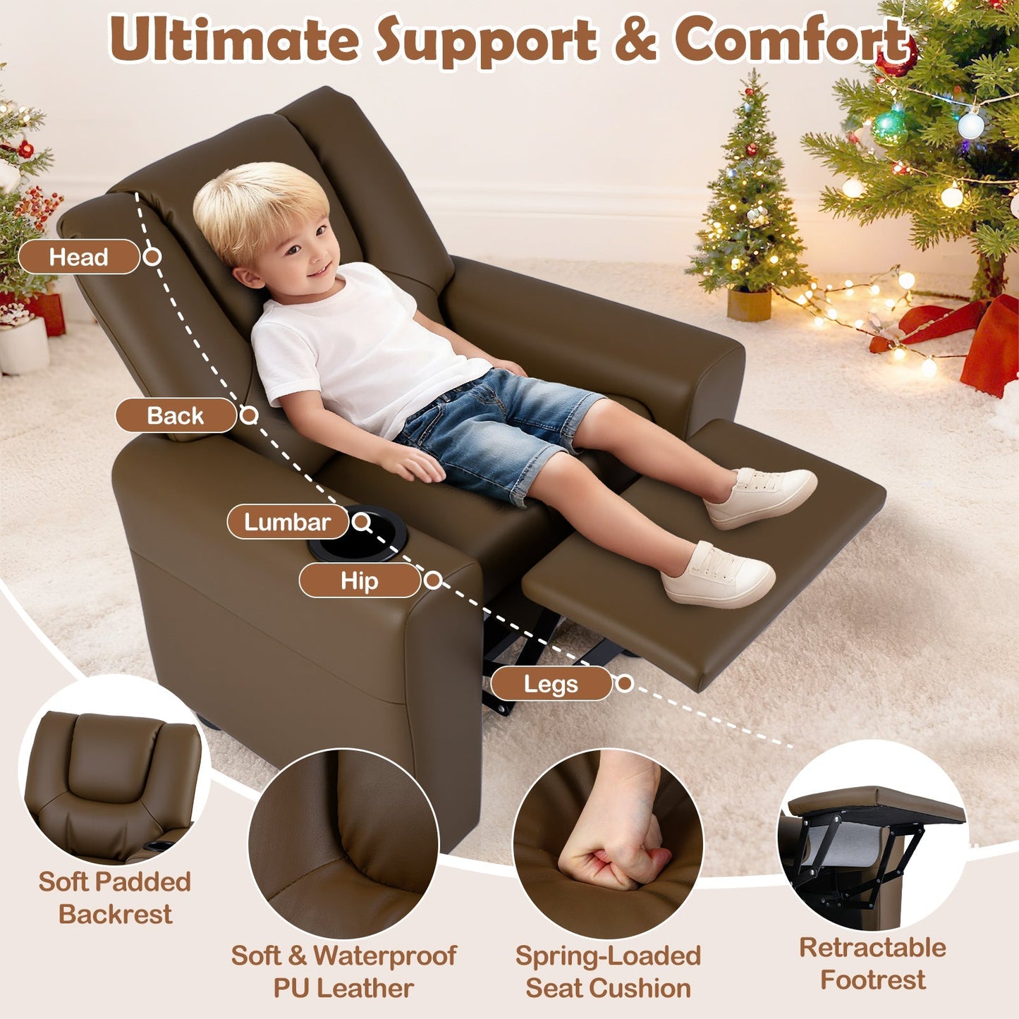 Kids Recliner Chair Push Back Toddler Reclining Armchair with Cup Holder