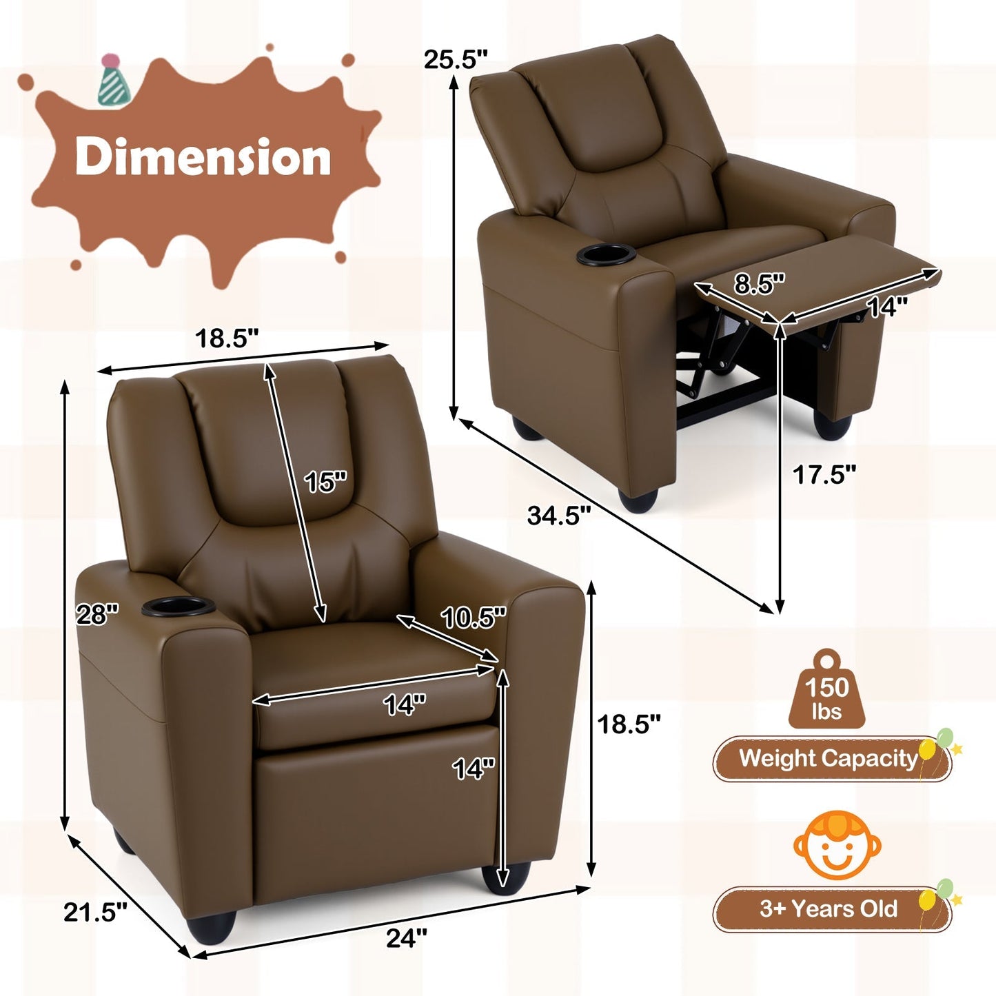 Kids Recliner Chair Push Back Toddler Reclining Armchair with Cup Holder