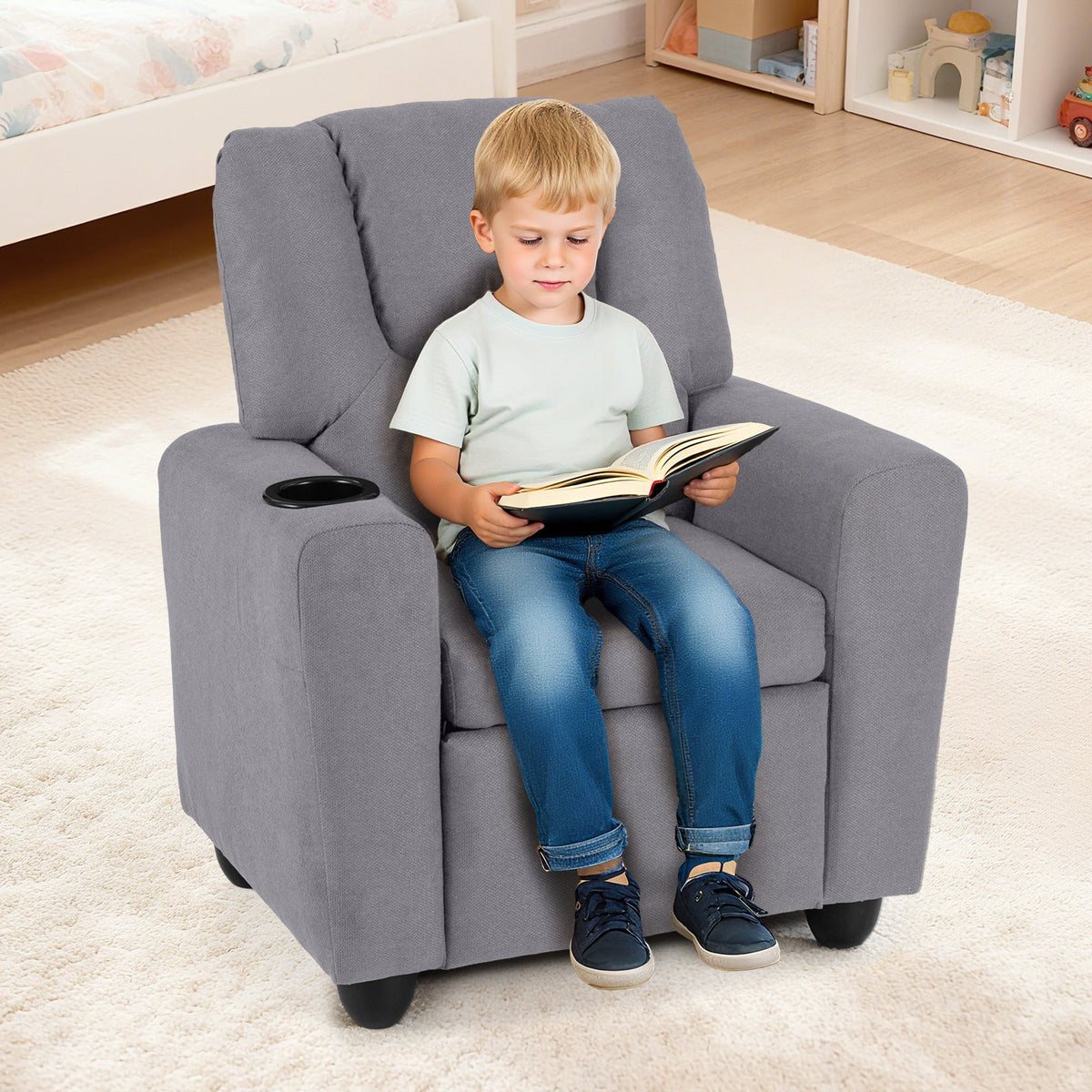 Kids Recliner Chair Push Back Toddler Reclining Armchair with Cup Holder