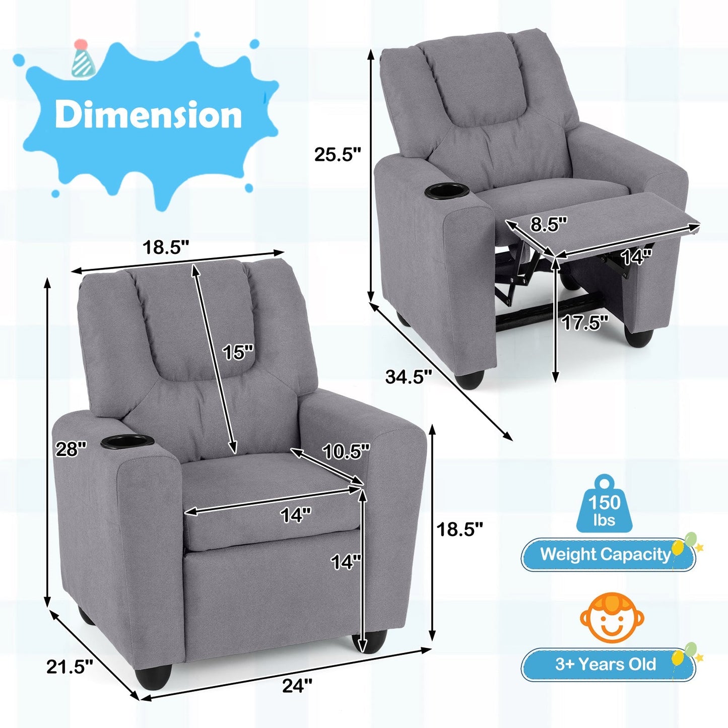Kids Recliner Chair Push Back Toddler Reclining Armchair with Cup Holder