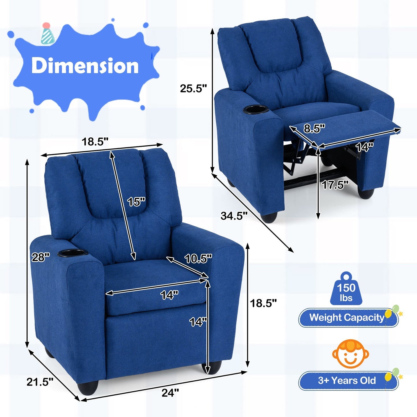Kids Recliner Chair Push Back Toddler Reclining Armchair with Cup Holder