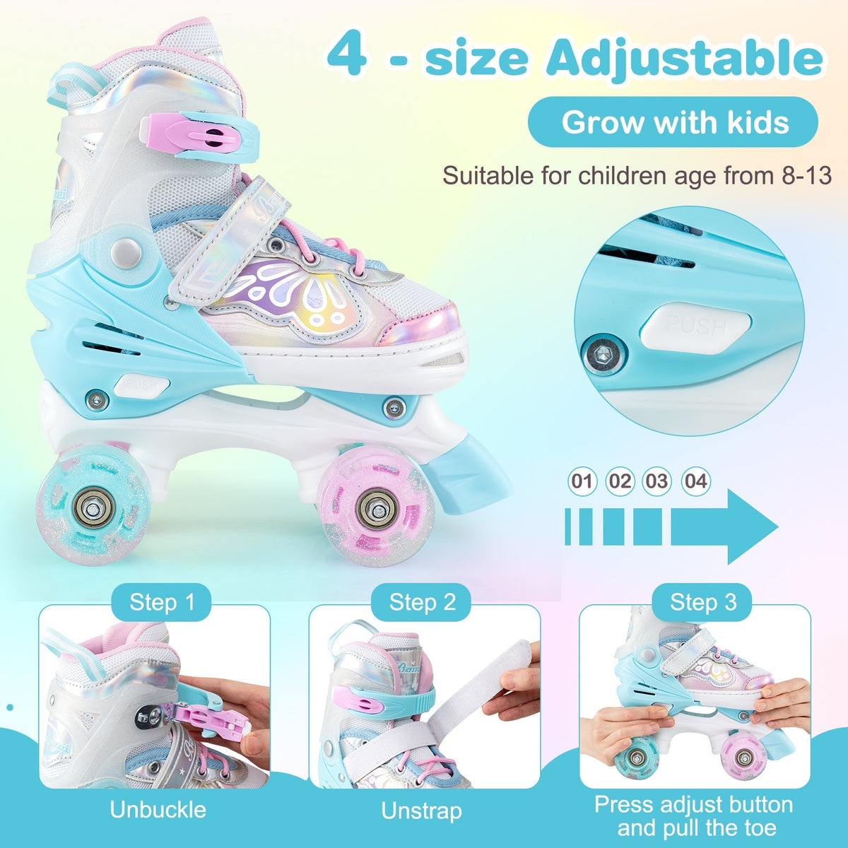 Kids Roller Skates 4 Sizes Adjustable Quad Skates with Light-up Wheels
