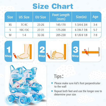 Kids Roller Skates 4 Sizes Adjustable with Light-up Wheels for Toddler Aged 3-4 (XS)