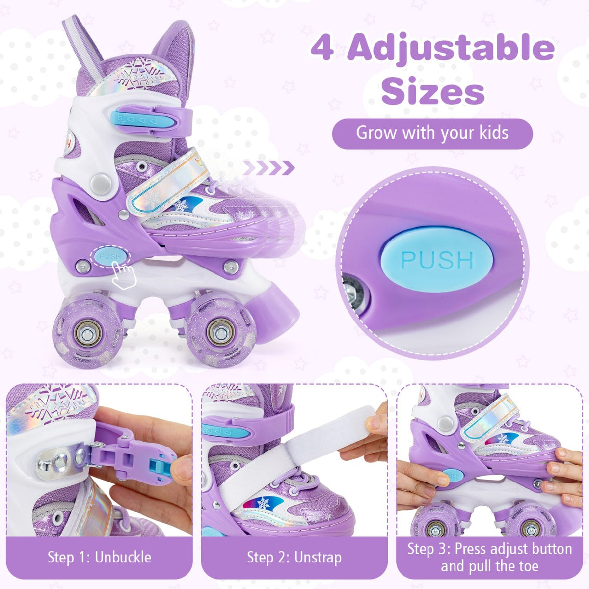 Kids Roller Skates 4 Sizes Adjustable with Light-up Wheels for Toddler Aged 3-4 (XS)