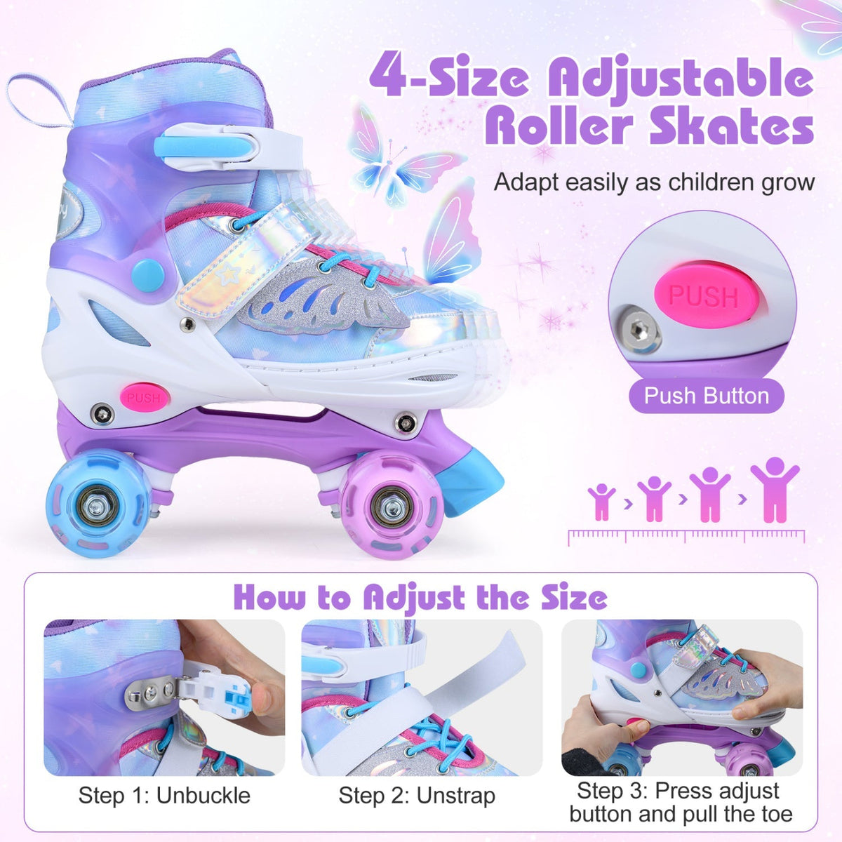 Kids Roller Skates for Toddlers Ages 7-9 with 4 Light up Wheels