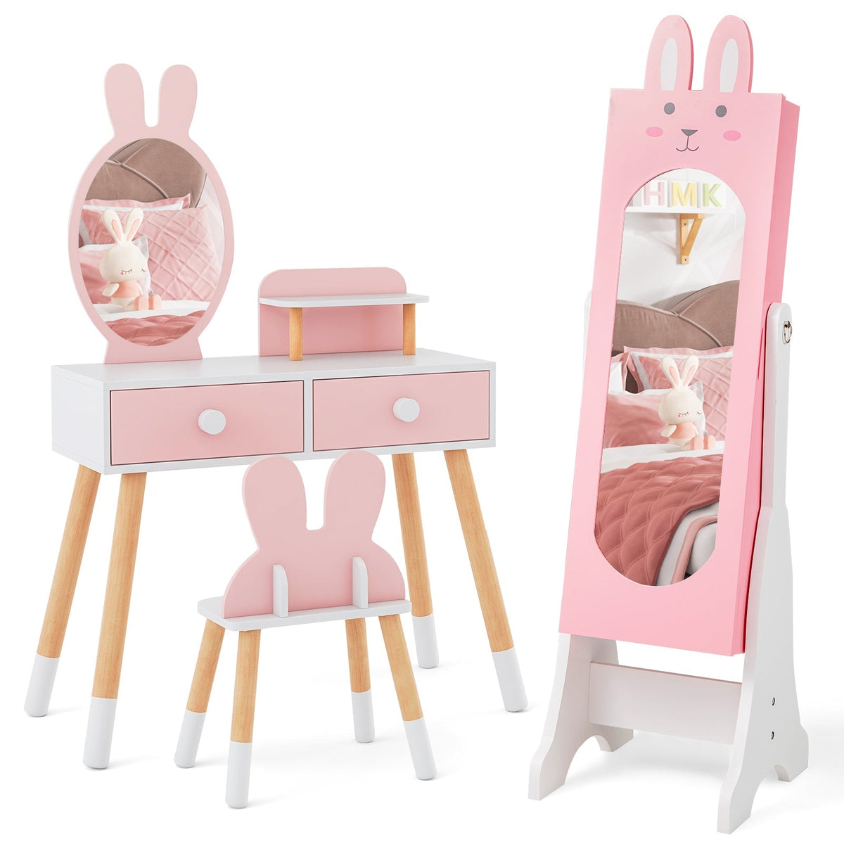 Kids Vanity Table Set with Mirror, Chair & Storage - White