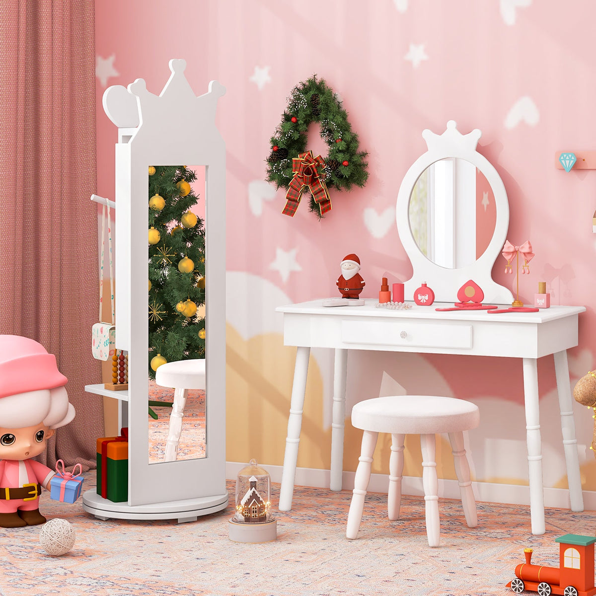 Kids Room Furniture Set Princess Vanity Table and Stool Set with Mirror and Drawer-White