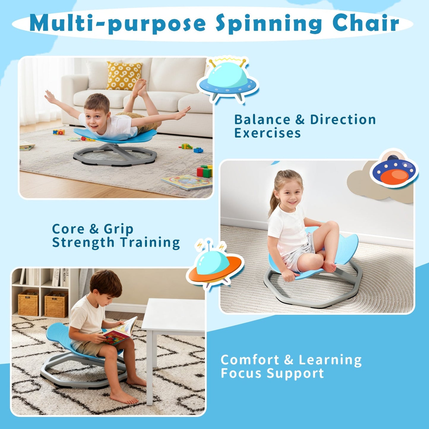 Kids Sensory Swivel Chair 360° Spinning Seat with Metal Base