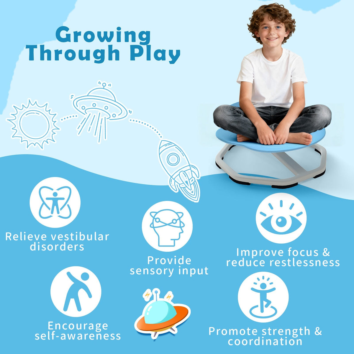 Kids Sensory Swivel Chair 360° Spinning Seat with Metal Base