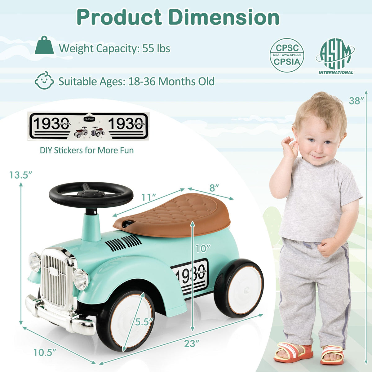 Kids Sit to Stand Vehicle with Working Steering Wheel and Under Seat Storage-Green
