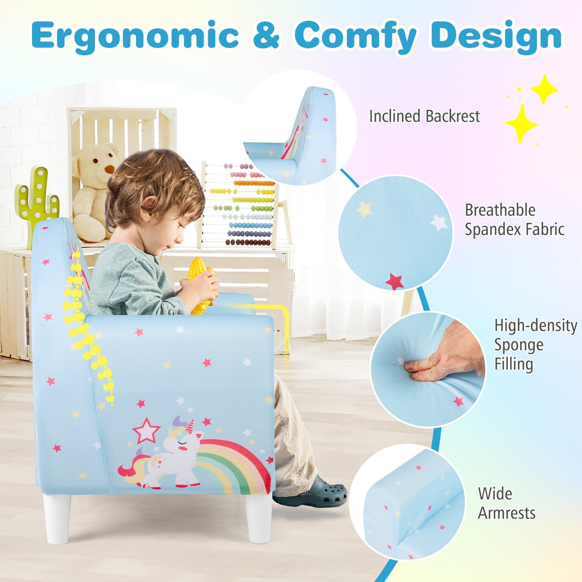 Kids Sofa with Breathable Spandex Fabric and High-density Sponge Filling for Boys and Girls