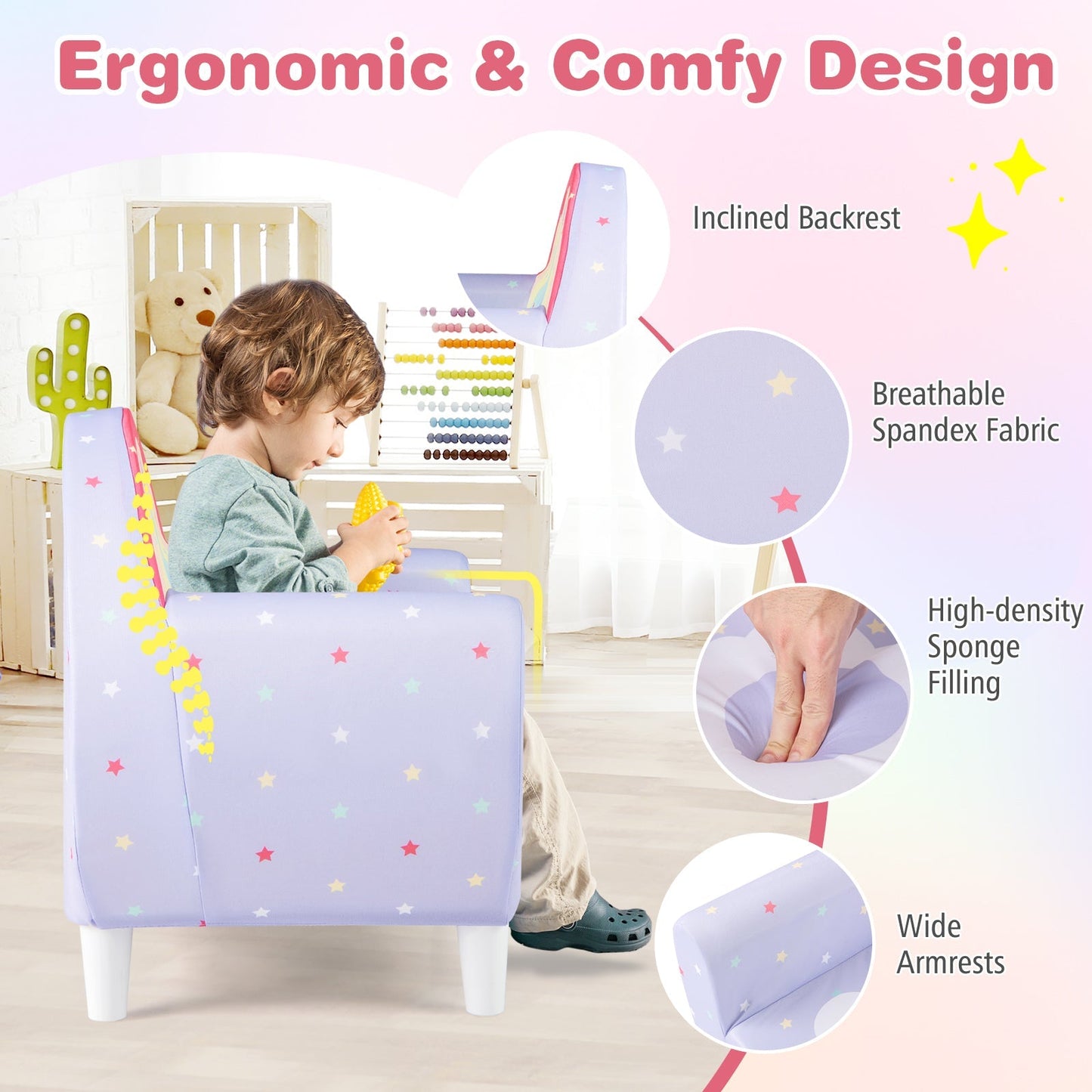Kids Sofa with Breathable Spandex Fabric and High-density Sponge Filling for Boys and Girls