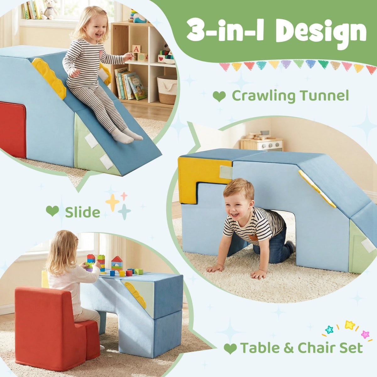 Kids Soft Foam Blocks with Velvet Covers Convertible Table and Chair Set