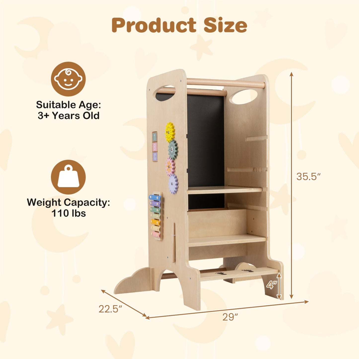 Kids Standing Tower with Detachable Chalkboard and Montessori Games for 3+ Years Old