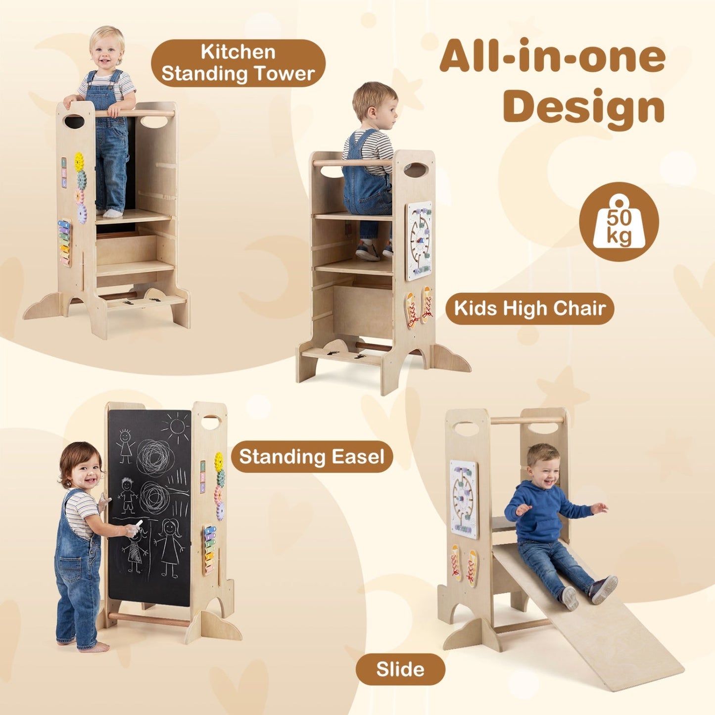 Kids Standing Tower with Detachable Chalkboard and Montessori Games for 3+ Years Old