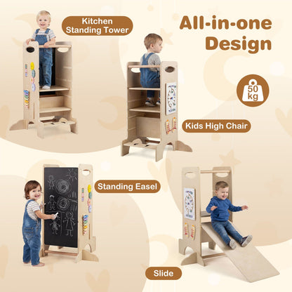 Kids Standing Tower with Detachable Chalkboard and Montessori Games for 3+ Years Old