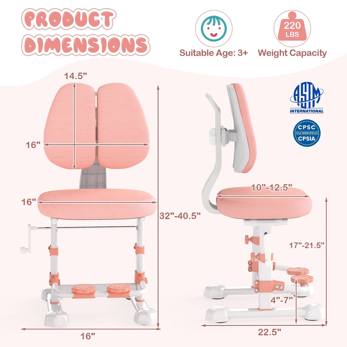 Kids Study Chair with Adjustable Double Backrest and Footrest