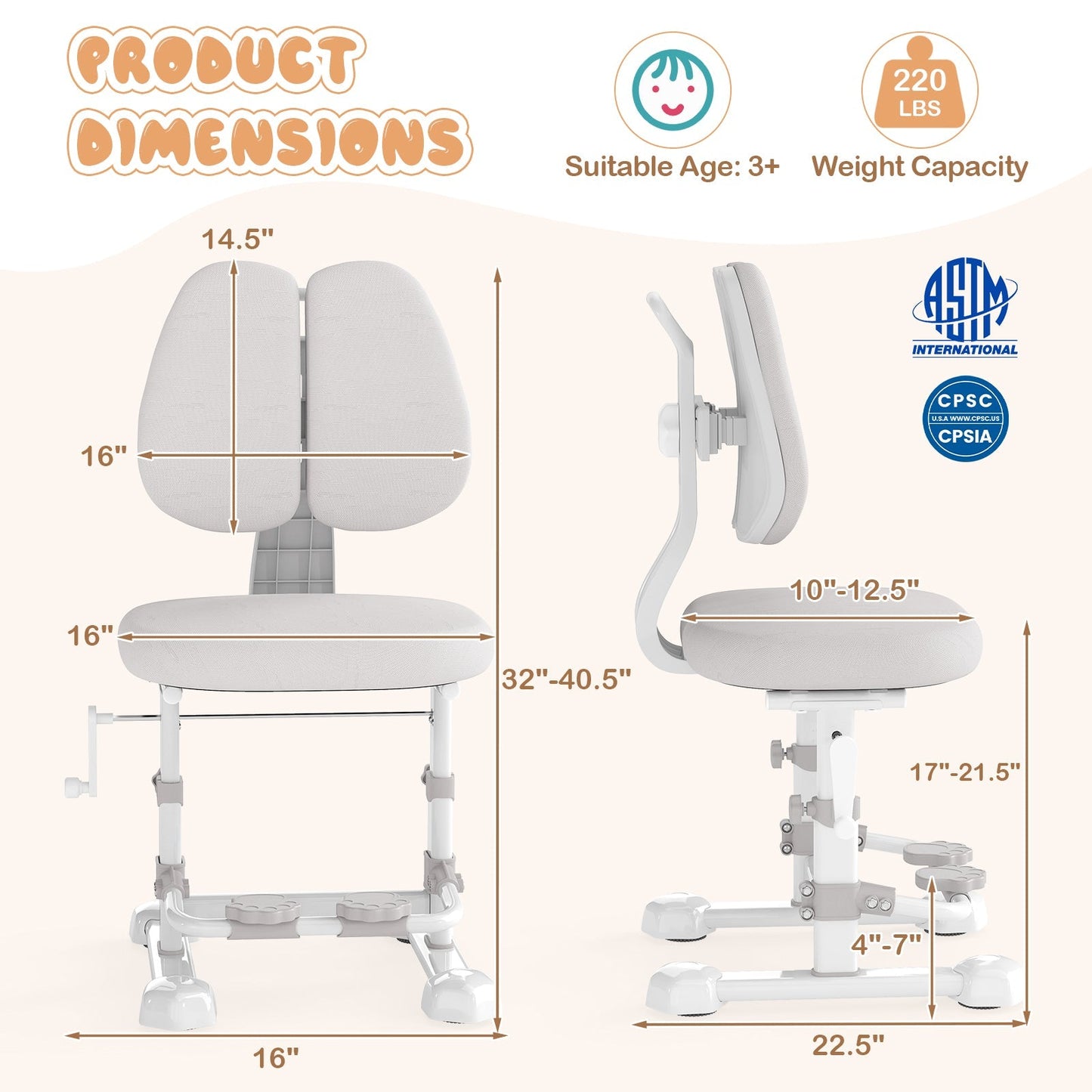 Kids Study Chair with Adjustable Double Backrest and Footrest