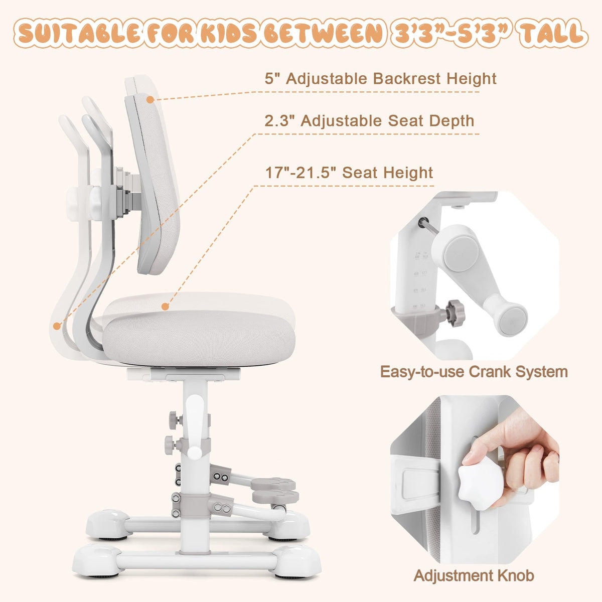 Kids Study Chair with Adjustable Double Backrest and Footrest