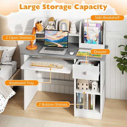 Kids Study Desk with Hutch, Drawer & Shelves
