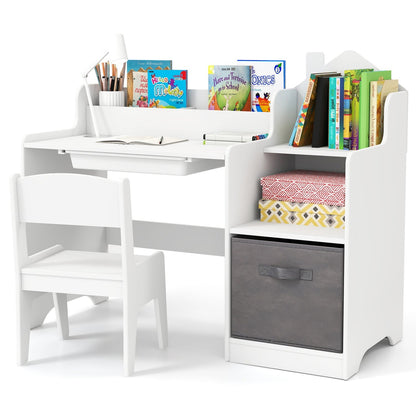 Kids Study Desk and Chair Set with Open Shelves Drawer and Fabric Storage Bin-Natural