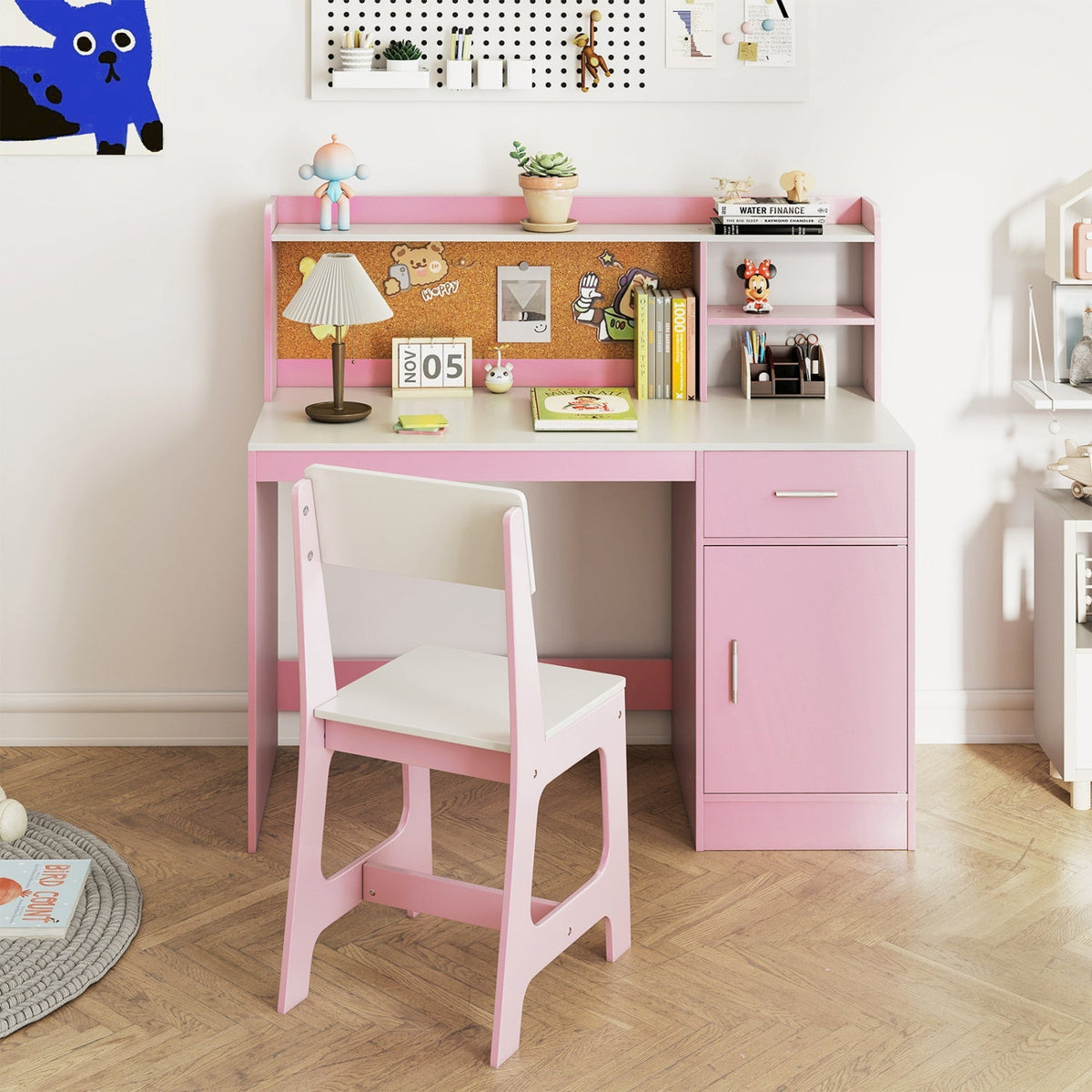 Kids Study Desk and Chair Set with Storage and Bulletin Board