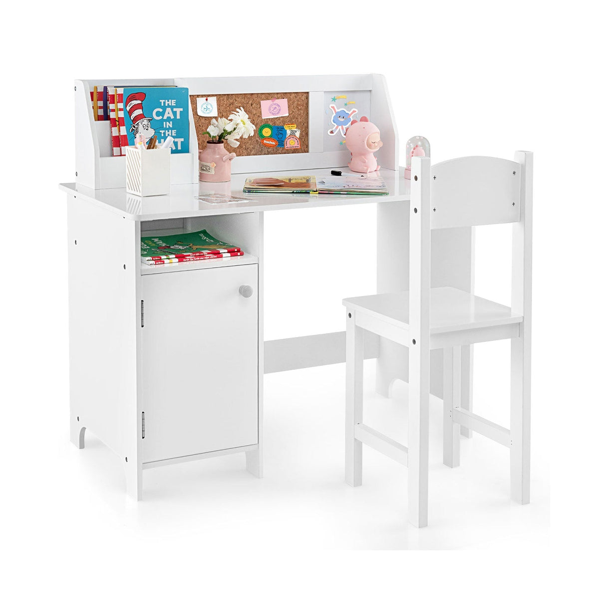 Kids Study Desk and Chair Set with Storage Cabinet