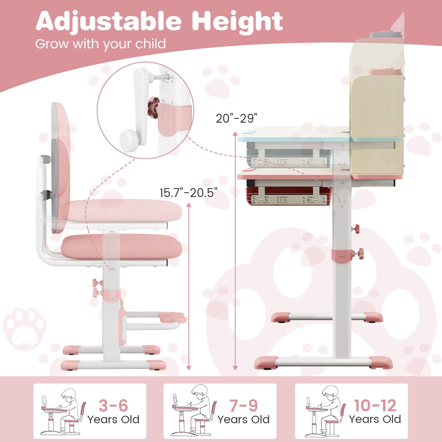 Height Adjustable Children School Home Study Table and Chair Set with Tilted Desktop for 3-12 Years Old-Pink