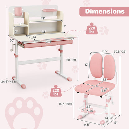 Height Adjustable Children School Home Study Table and Chair Set with Tilted Desktop for 3-12 Years Old-Pink