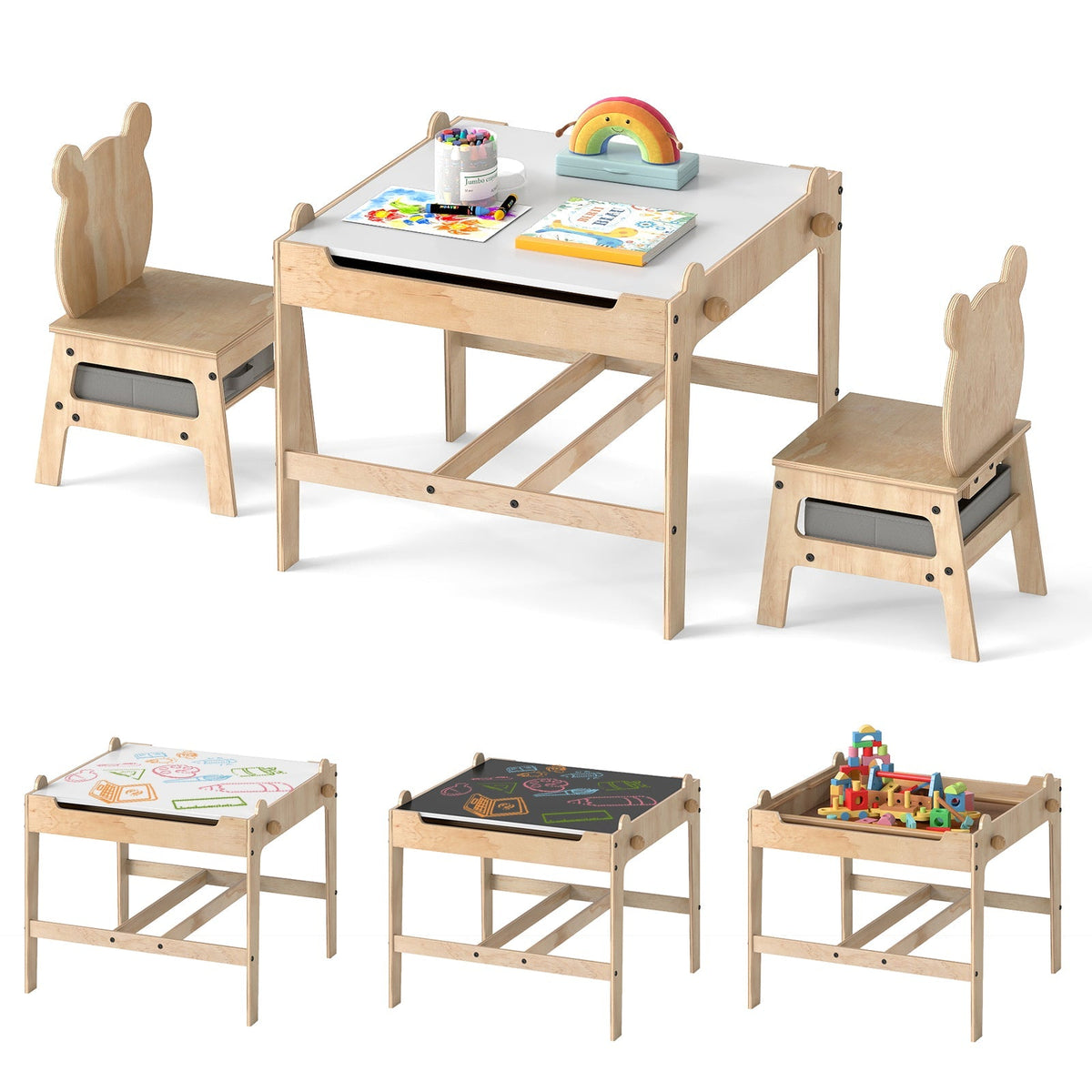Kids Table and Chair Set with Reversible Whiteboard