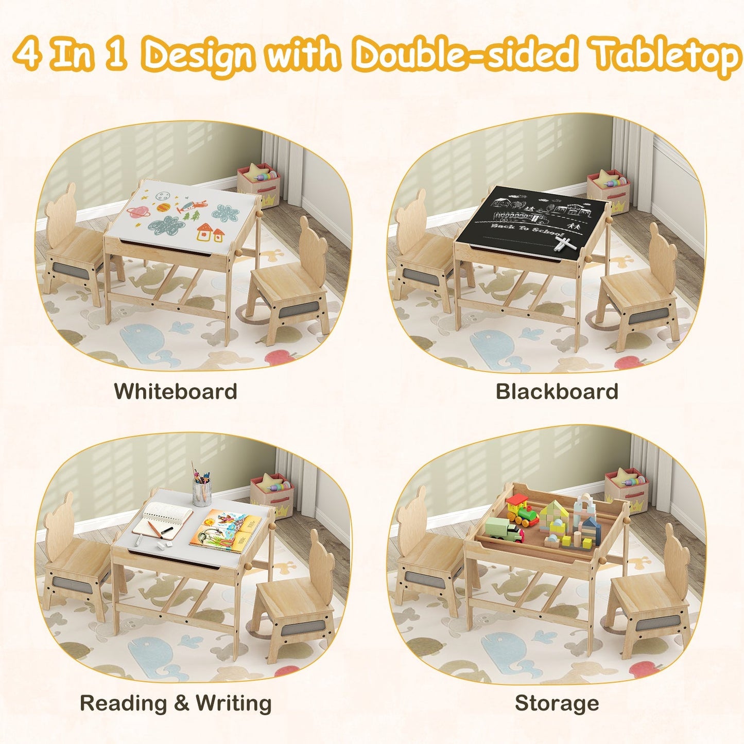 Kids Table and Chair Set with Reversible Whiteboard