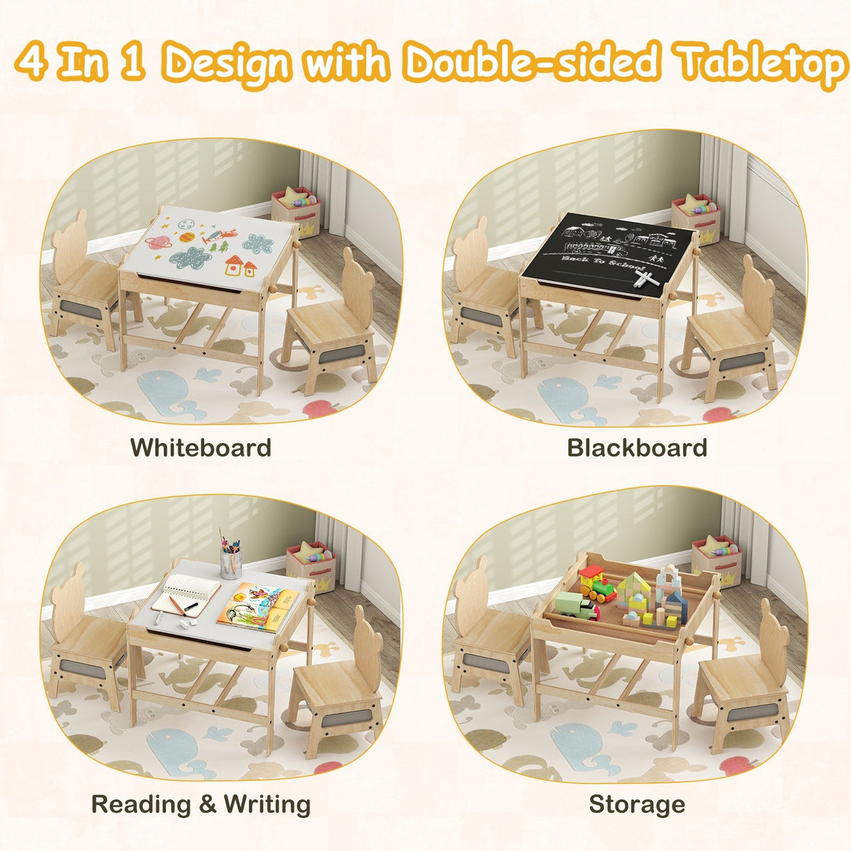 Kids Table and Chair Set with Reversible Whiteboard