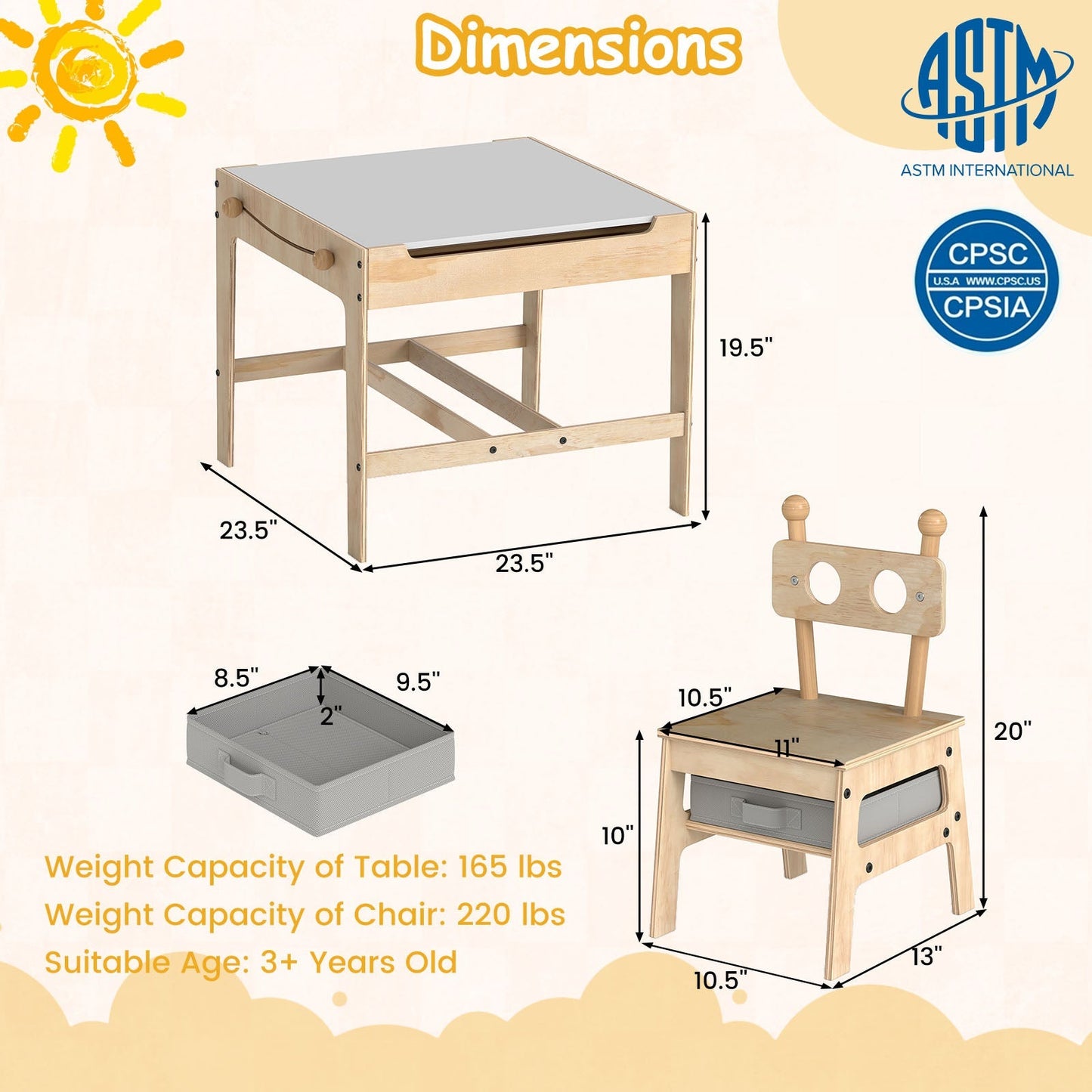 Kids Table and Chair Set with Reversible Whiteboard