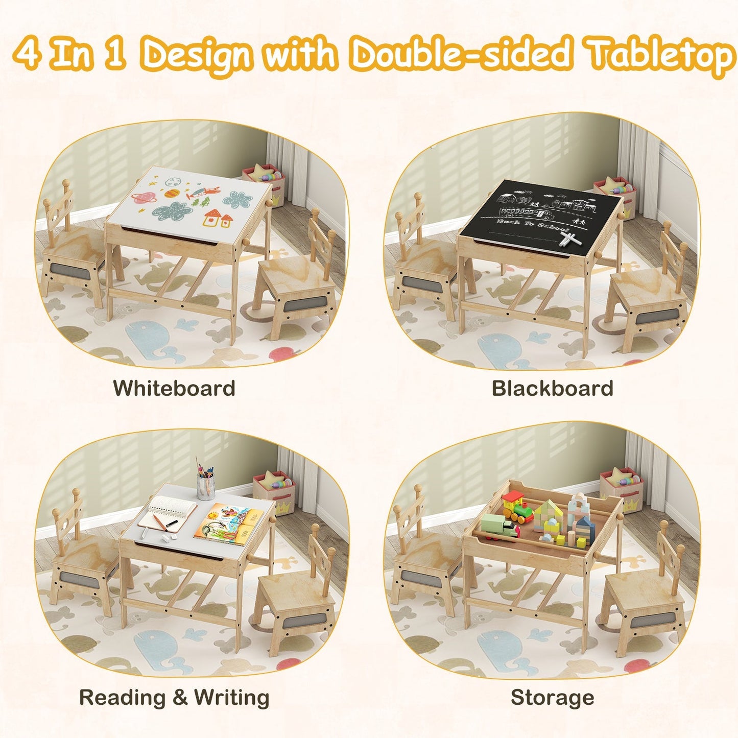 Kids Table and Chair Set with Reversible Whiteboard