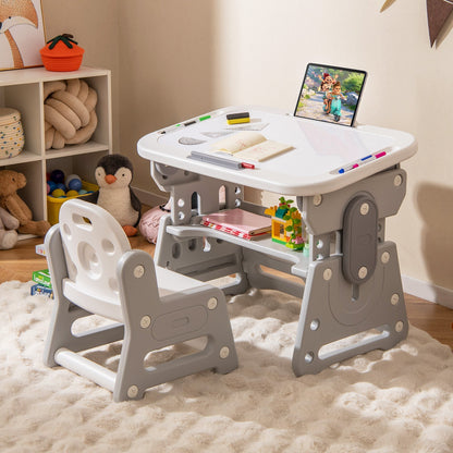 Height Adjustable Kids Table and Chair Set with Tiltable Whiteboard and Concave Shelf