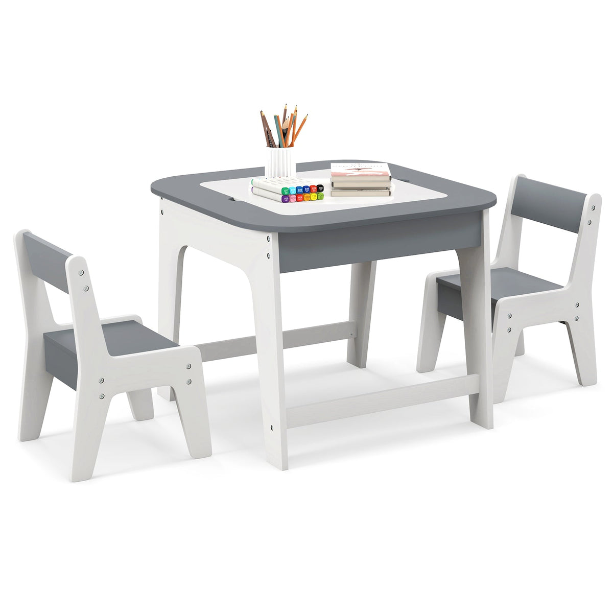 Kid's Table and Chairs Set with Double-sized Tabletop-Gray