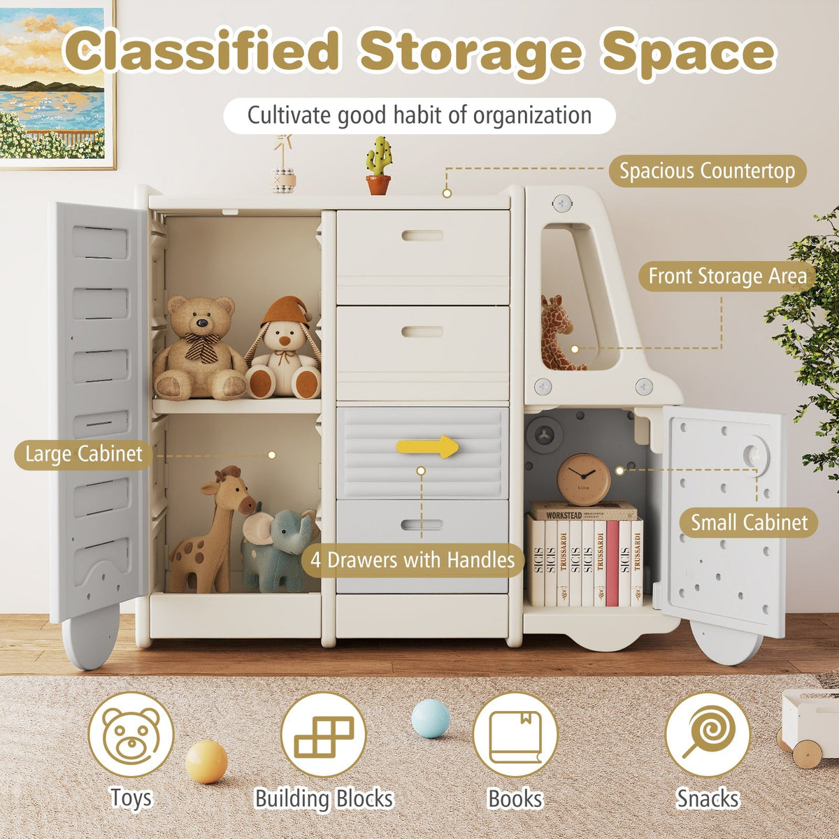 Kids Toy Storage Organizer Bus-shaped Children Cabinet with 4 Pull-out Drawers with Handles-Gray