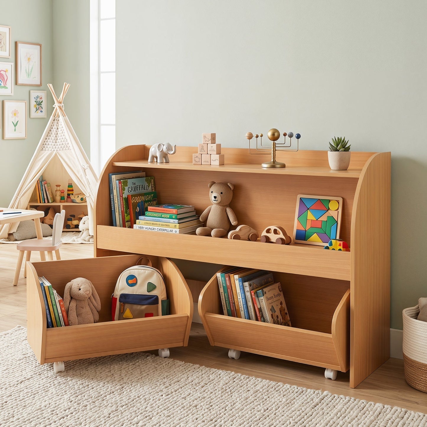 Kids Storage Organizer with Rolling Drawers & Bookshelf