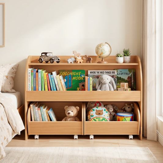 Kids Storage Organizer with Rolling Drawers & Bookshelf