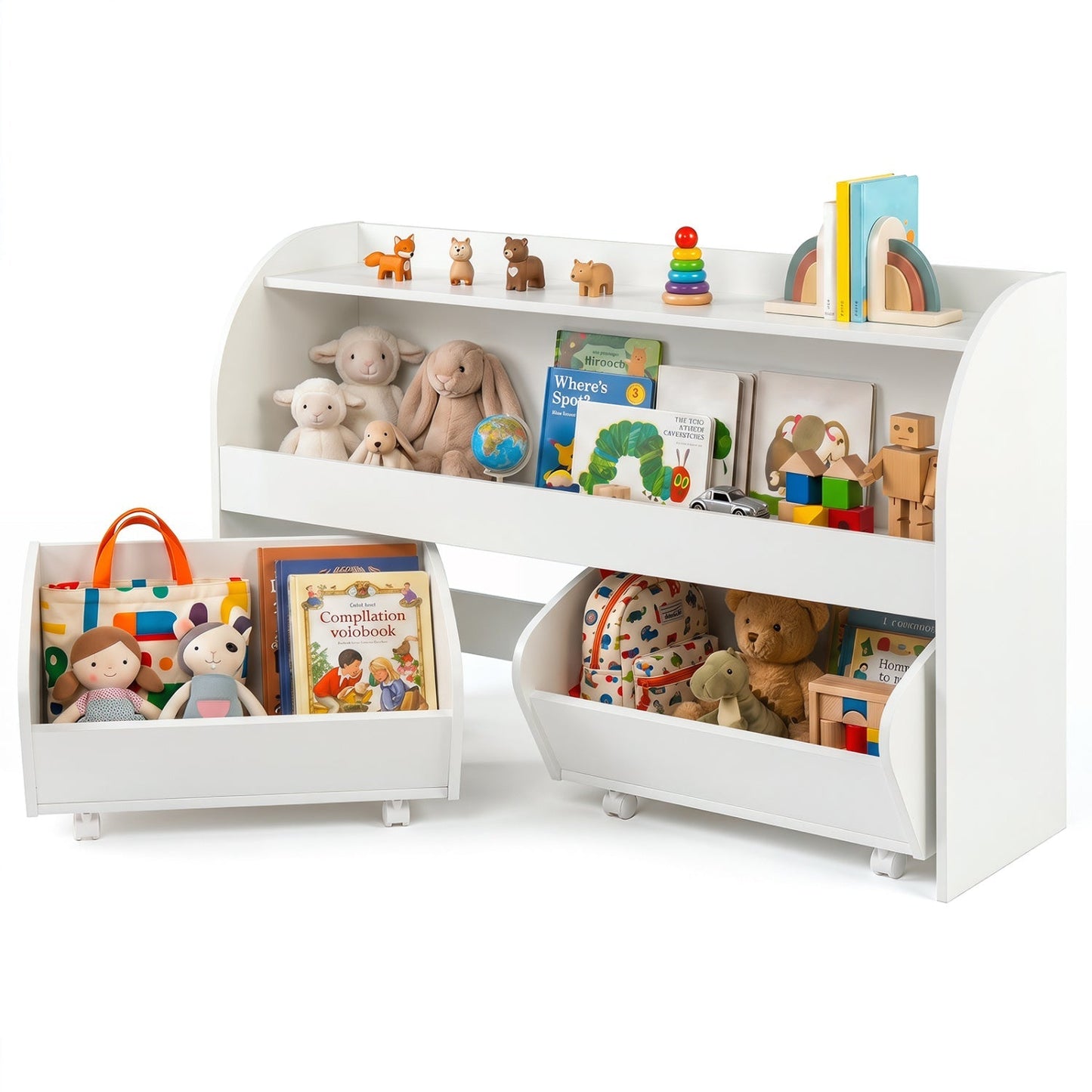 Kids Storage Organizer with Rolling Drawers & Bookshelf