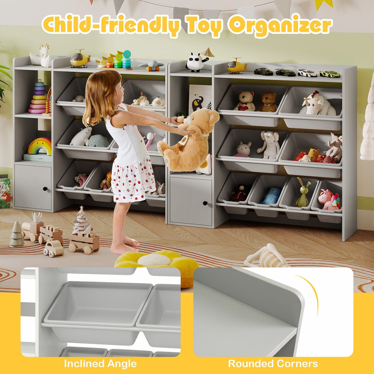 Kids Toy Storage and Bookshelf with Open Shelves and Single-door Cabinet